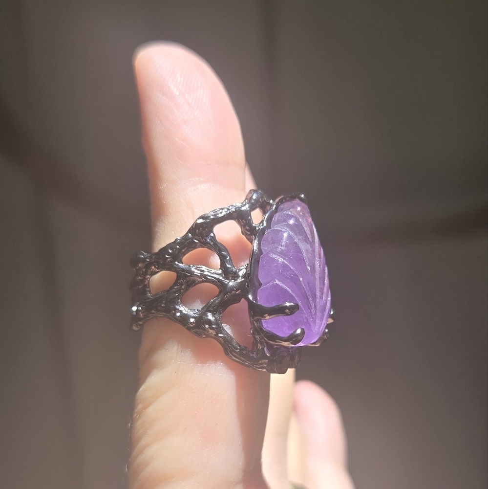 Amethyst 12k leaf & Rhodalite sterling & rhodium ring sz7 - Picture 5 of 10